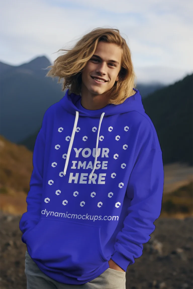 Man Wearing Blue Hoodie Mockup Front View Template