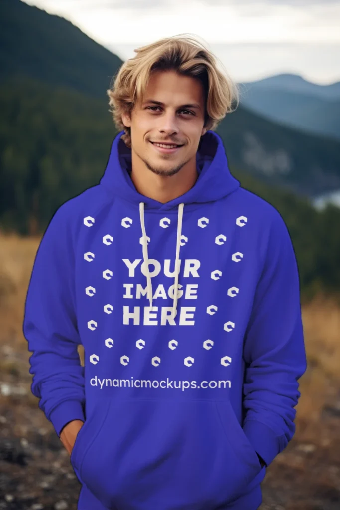 Man Wearing Blue Hoodie Mockup Front View Template