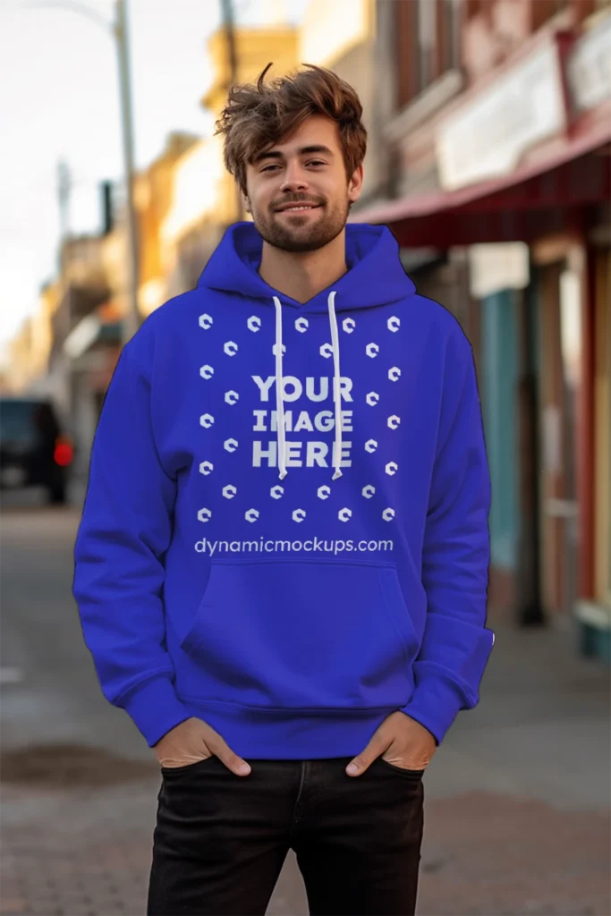 Man Wearing Blue Hoodie Mockup Front View Template