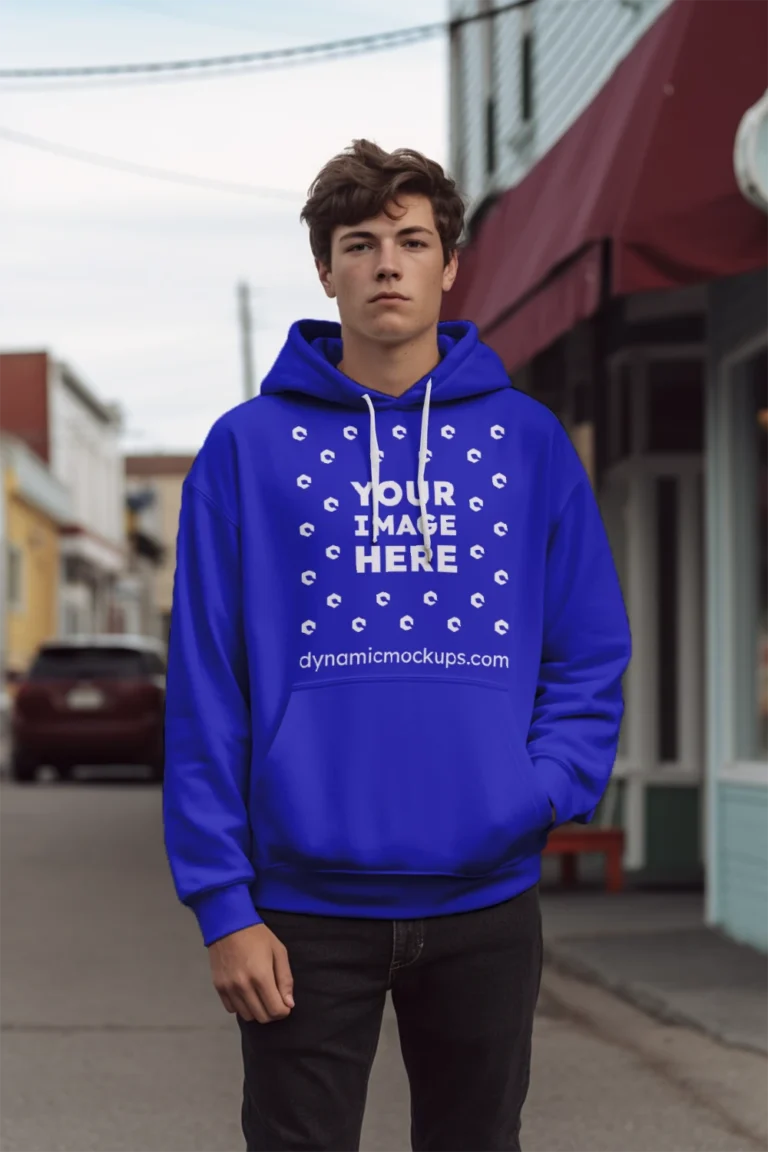 Man Wearing Blue Hoodie Mockup Front View Template