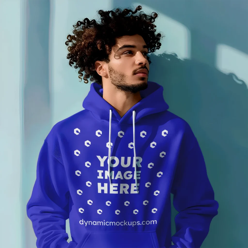 Man Wearing Blue Hoodie Mockup Front View Template