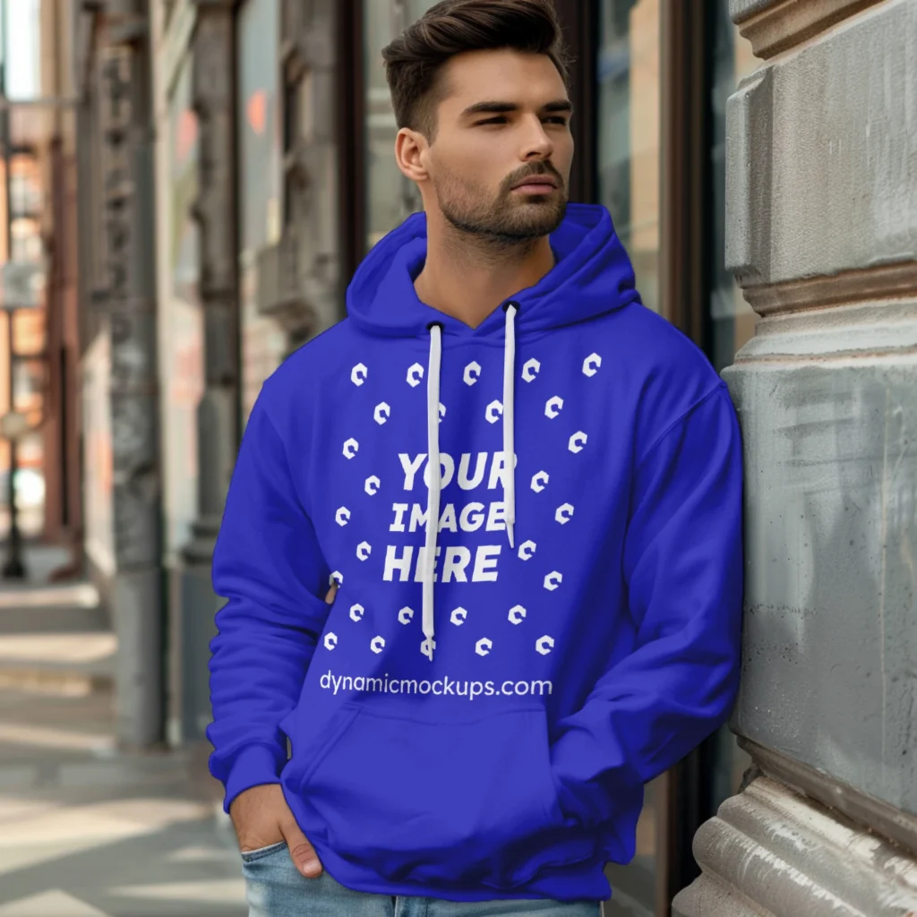 Man Wearing Blue Hoodie Mockup Front View Template