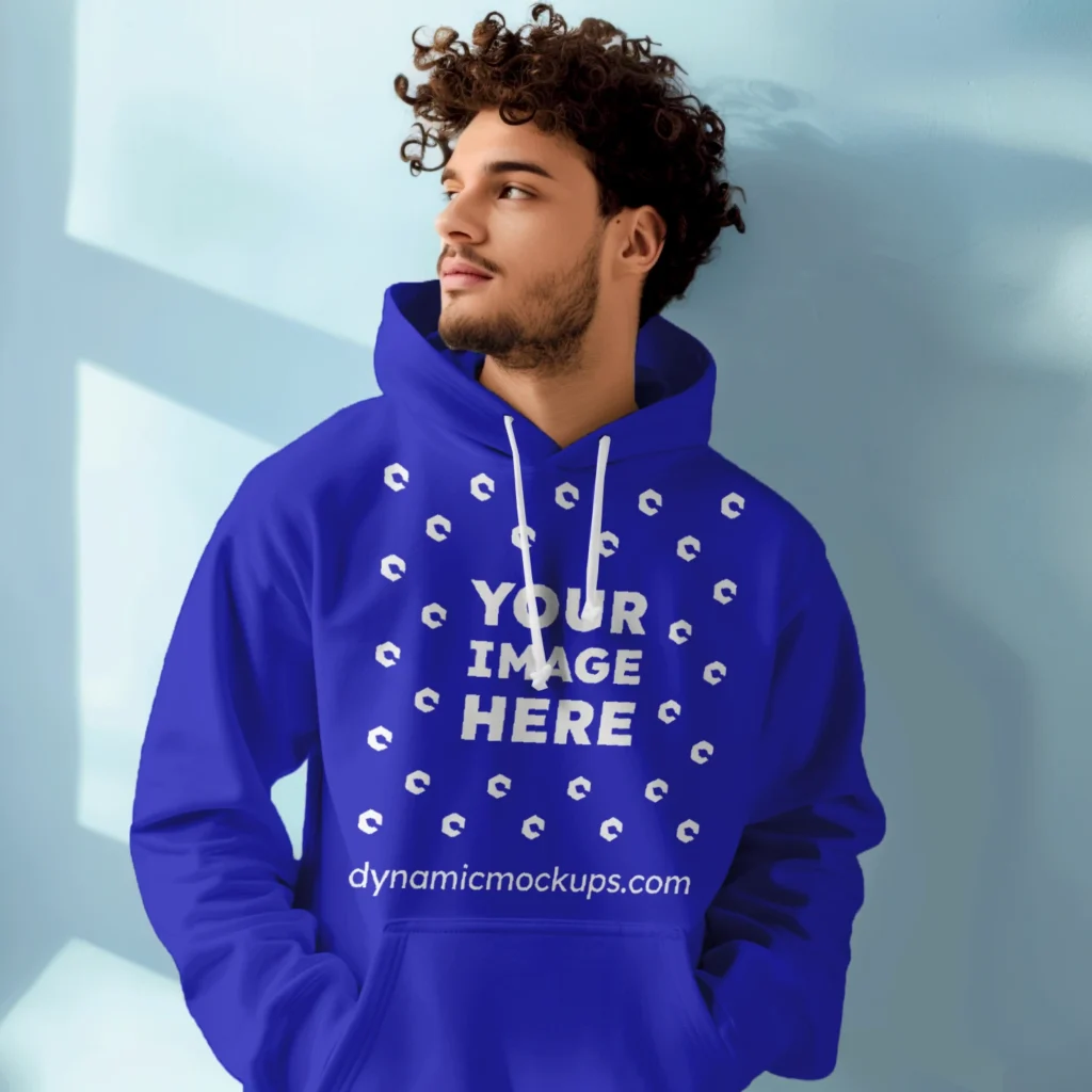 Man Wearing Blue Hoodie Mockup Front View Template