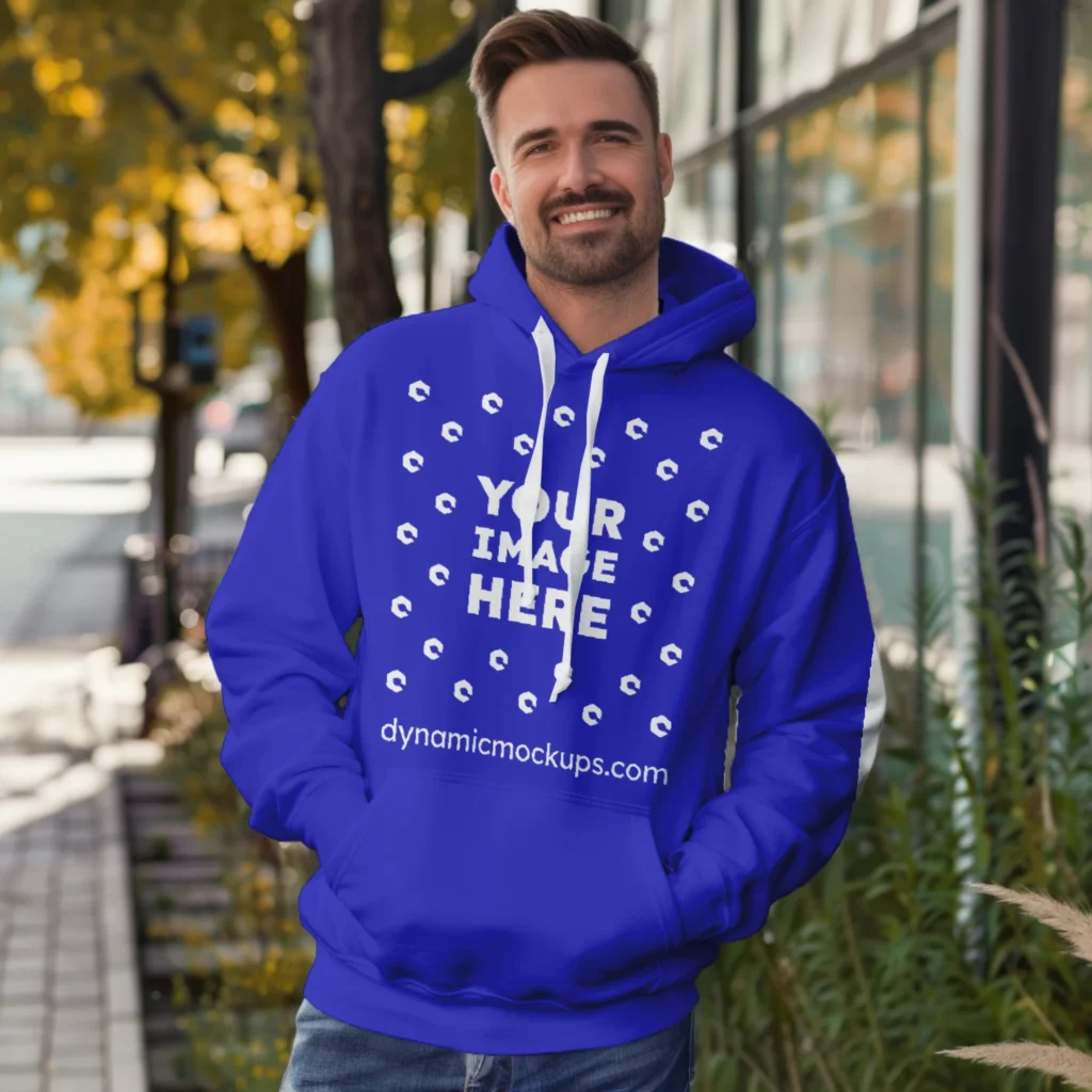 Man Wearing Blue Hoodie Mockup Front View Template