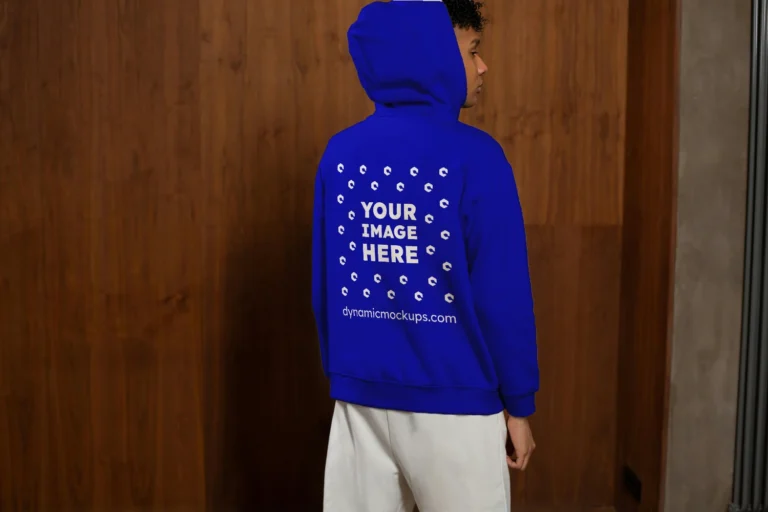 Man Wearing Blue Hoodie Mockup Back View Template