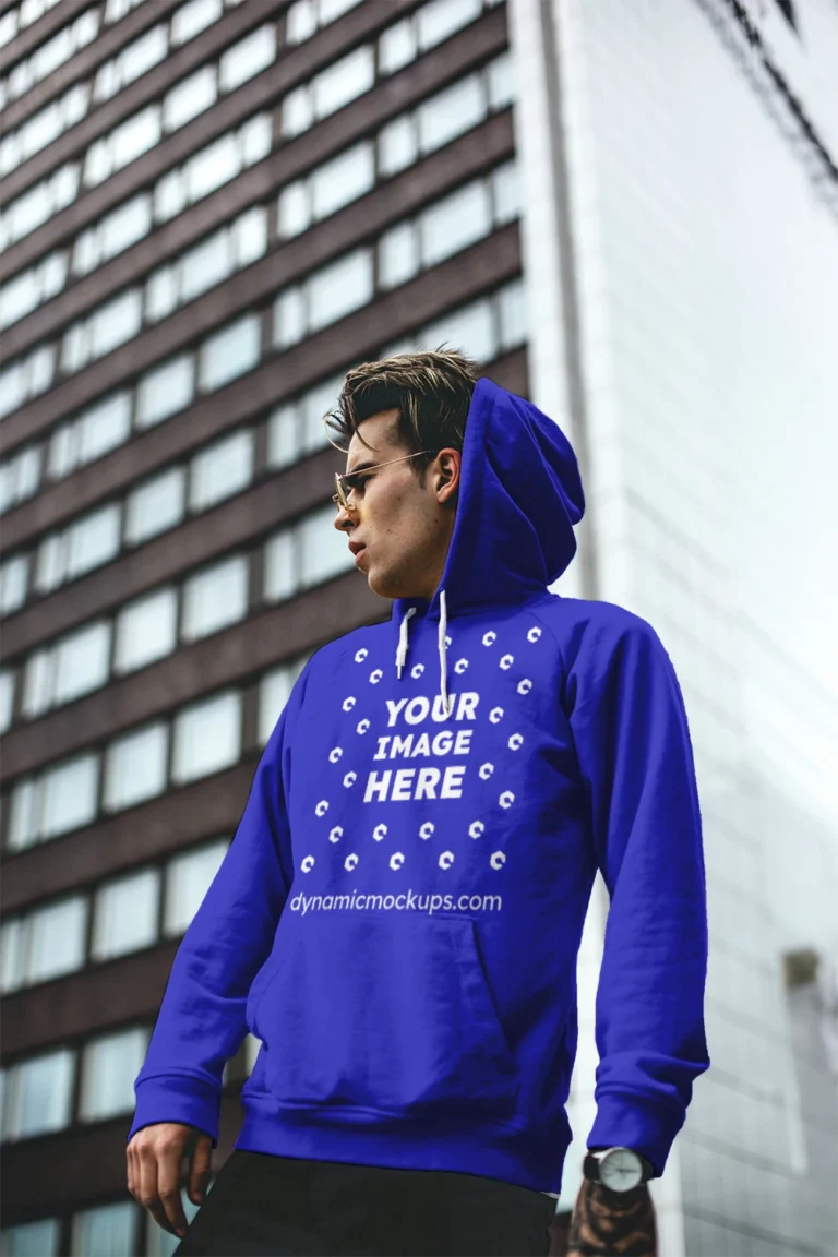 Man Wearing Blue Hoodie Mockup Front View Template