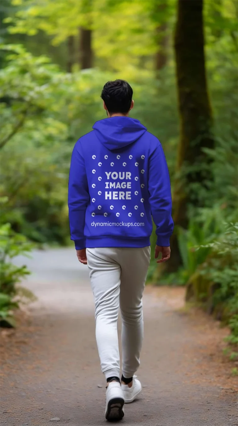 Man Wearing Blue Hoodie Mockup Back View Template