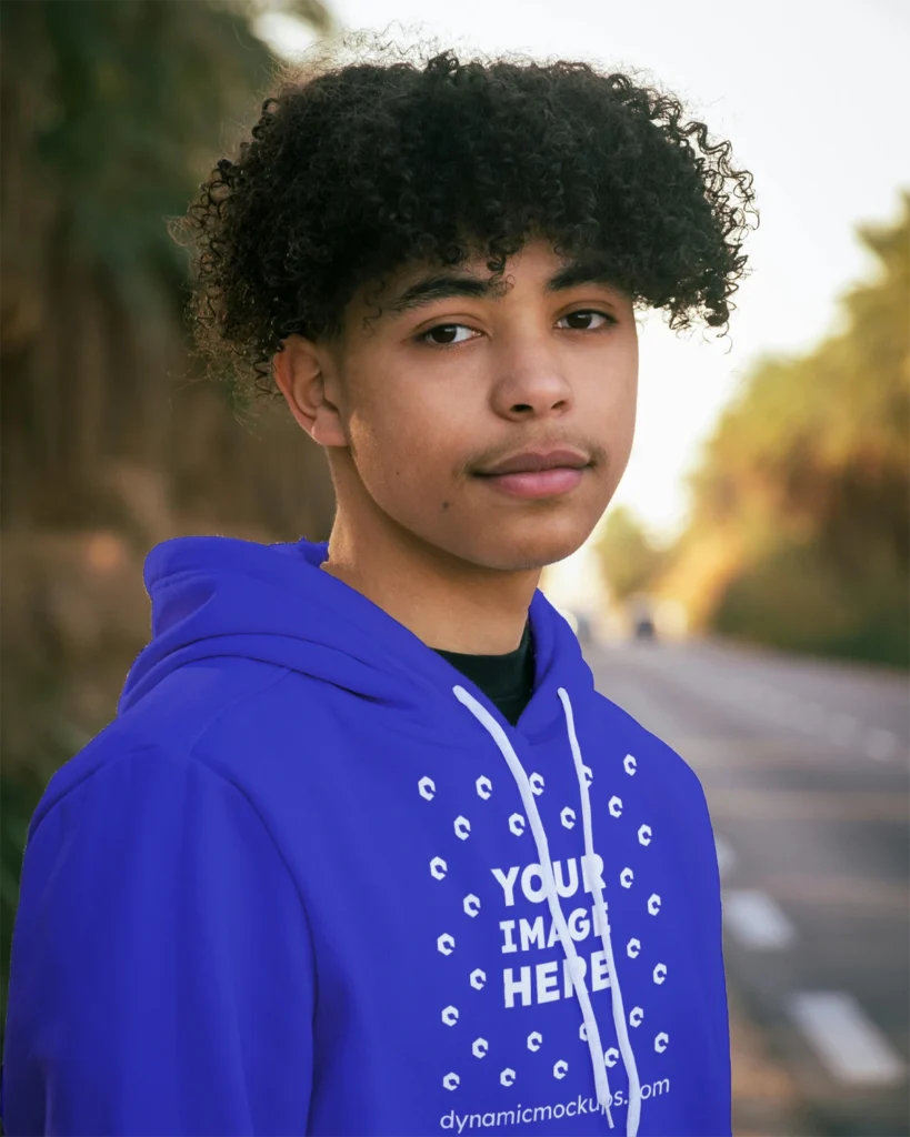 Man Wearing Blue Hoodie Mockup Front View Template