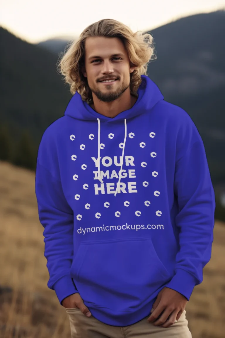 Man Wearing Blue Hoodie Mockup Front View Template