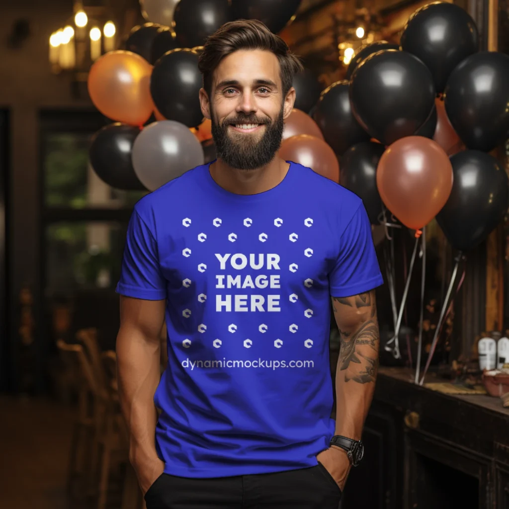 Man Wearing Blue T-shirt Mockup Front View Template