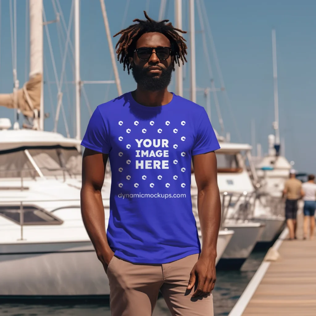 Man Wearing Blue T-shirt Mockup Front View Template