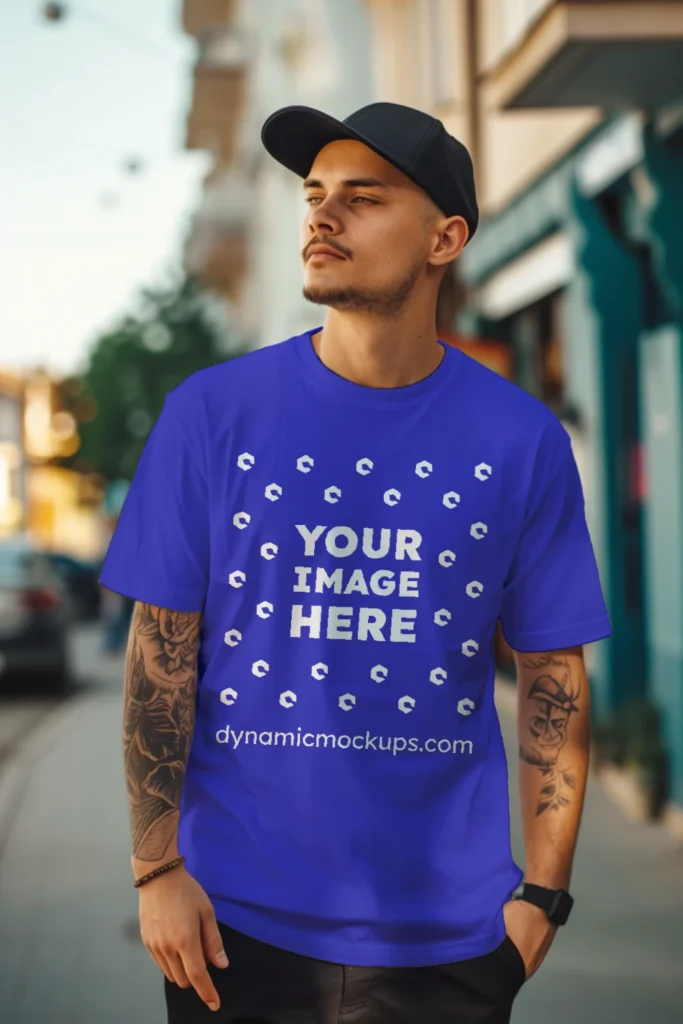 Man Wearing Blue T-shirt Mockup Front View Template