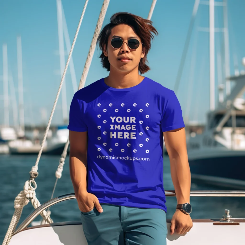 Man Wearing Blue T-shirt Mockup Front View Template