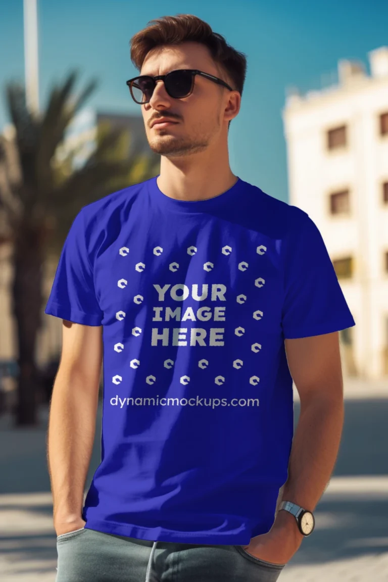 Man Wearing Blue T-shirt Mockup Front View Template