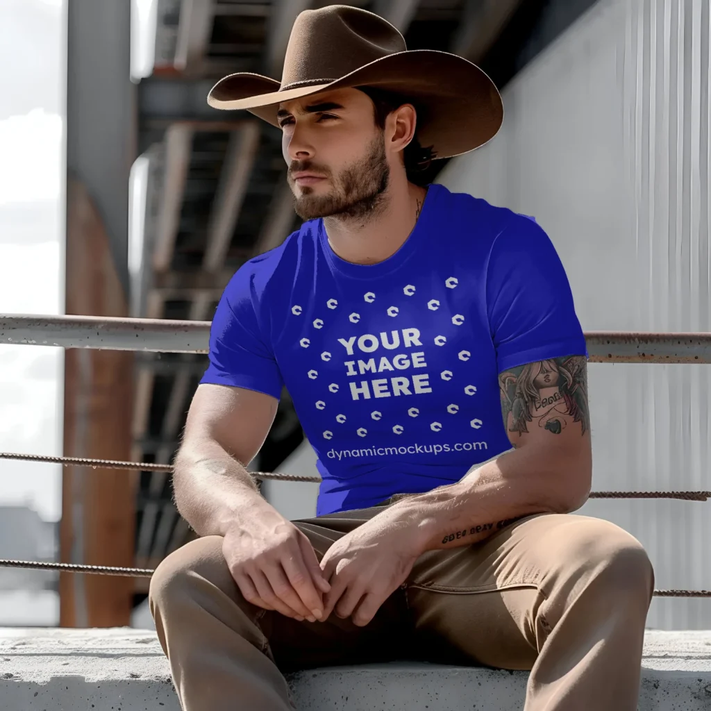 Man Wearing Blue T-shirt Mockup Front View Template