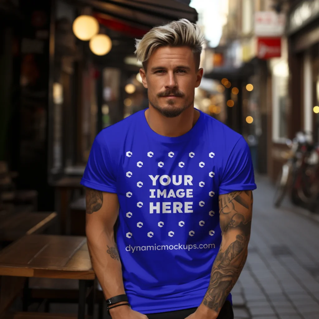 Man Wearing Blue T-shirt Mockup Front View Template