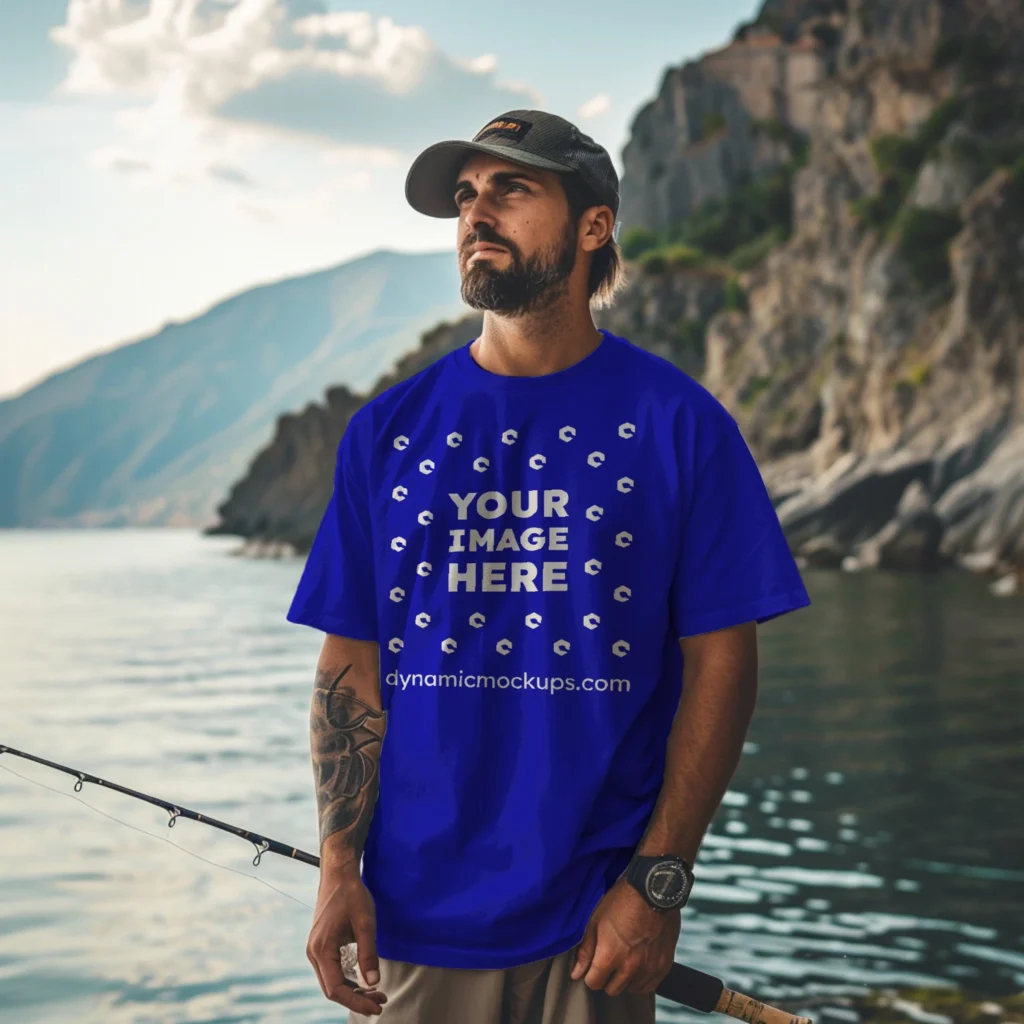 Man Wearing Blue T-shirt Mockup Front View Template