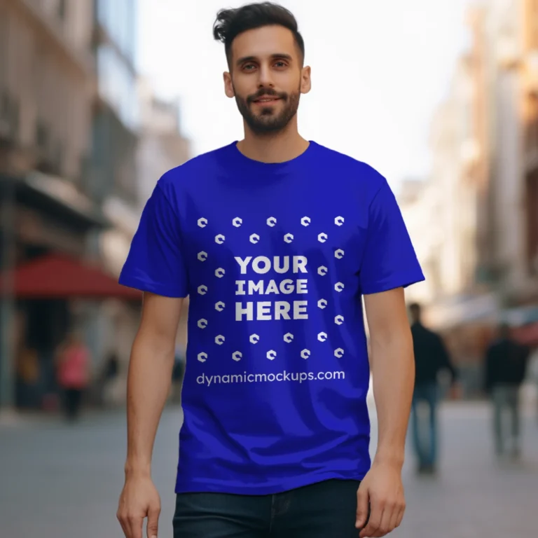 Man Wearing Blue T-shirt Mockup Front View Template