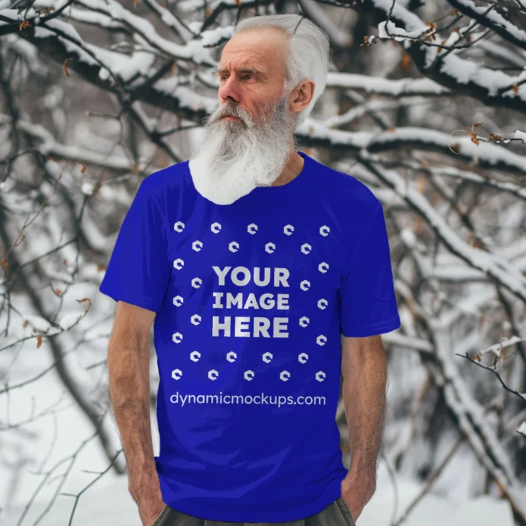 Man Wearing Blue T-shirt Mockup Front View Template