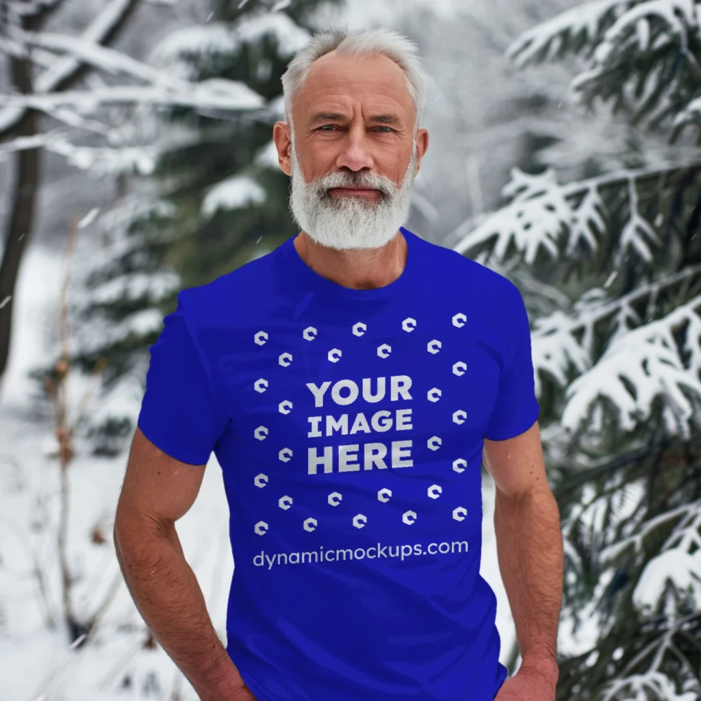 Man Wearing Blue T-shirt Mockup Front View Template