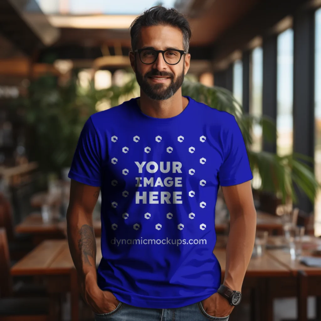 Man Wearing Blue T-shirt Mockup Front View Template