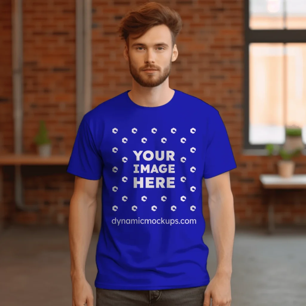 Man Wearing Blue T-shirt Mockup Front View Template