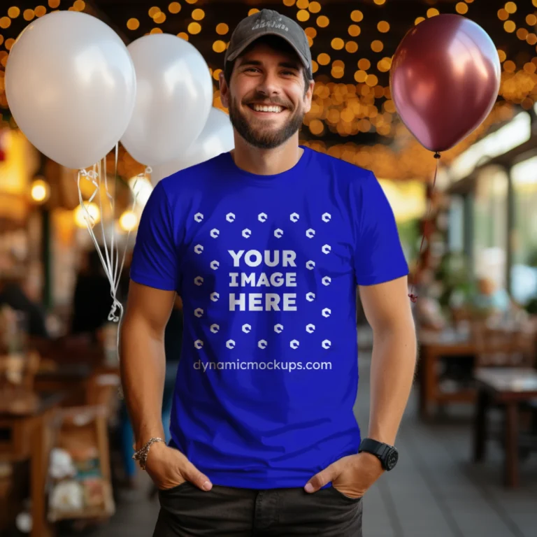 Man Wearing Blue T-shirt Mockup Front View Template