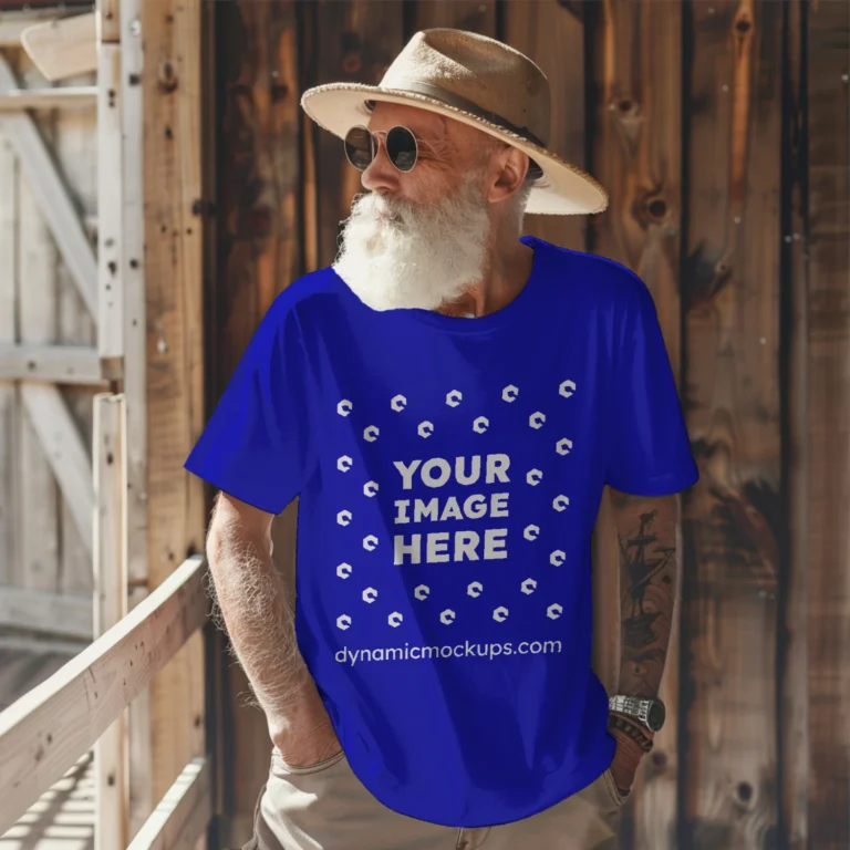 Man Wearing Blue T-shirt Mockup Front View Template