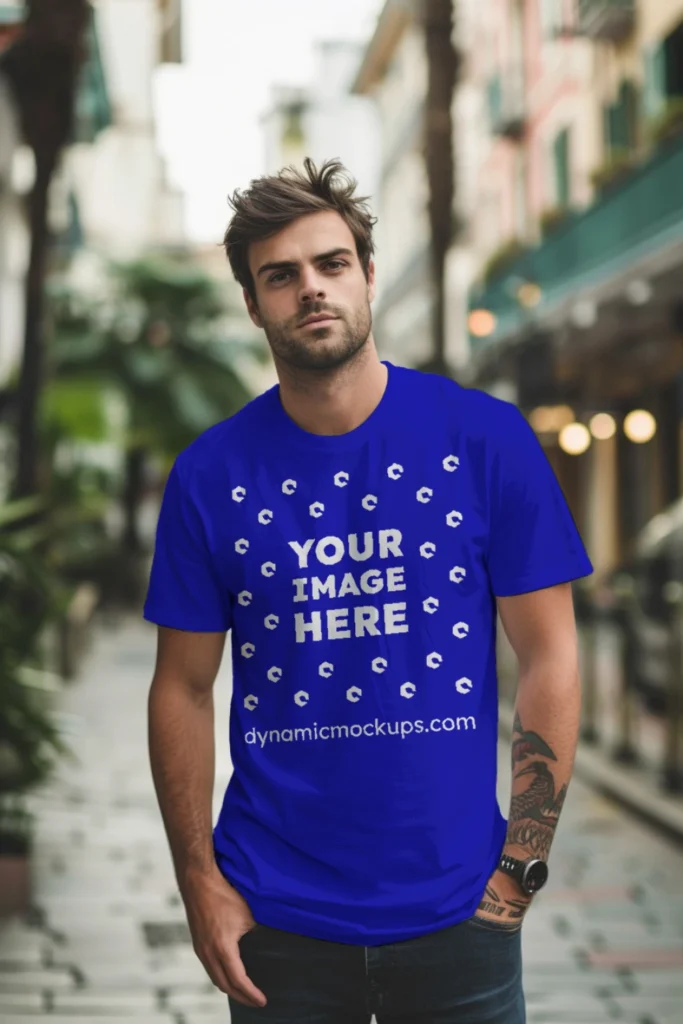 Man Wearing Blue T-shirt Mockup Front View Template