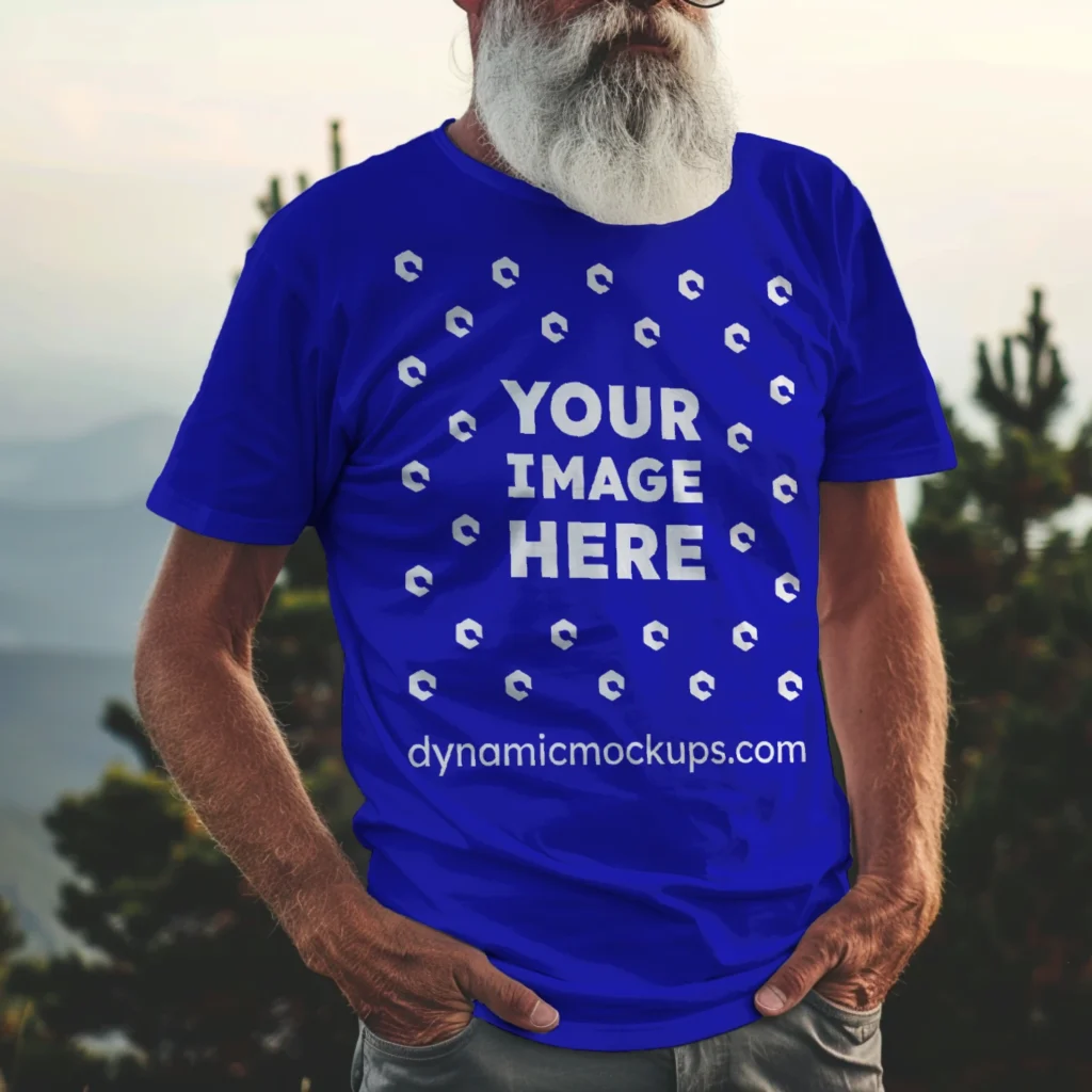 Man Wearing Blue T-shirt Mockup Front View Template