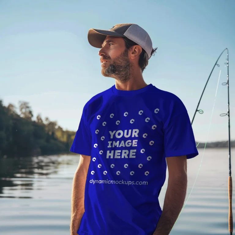 Man Wearing Blue T-shirt Mockup Front View Template