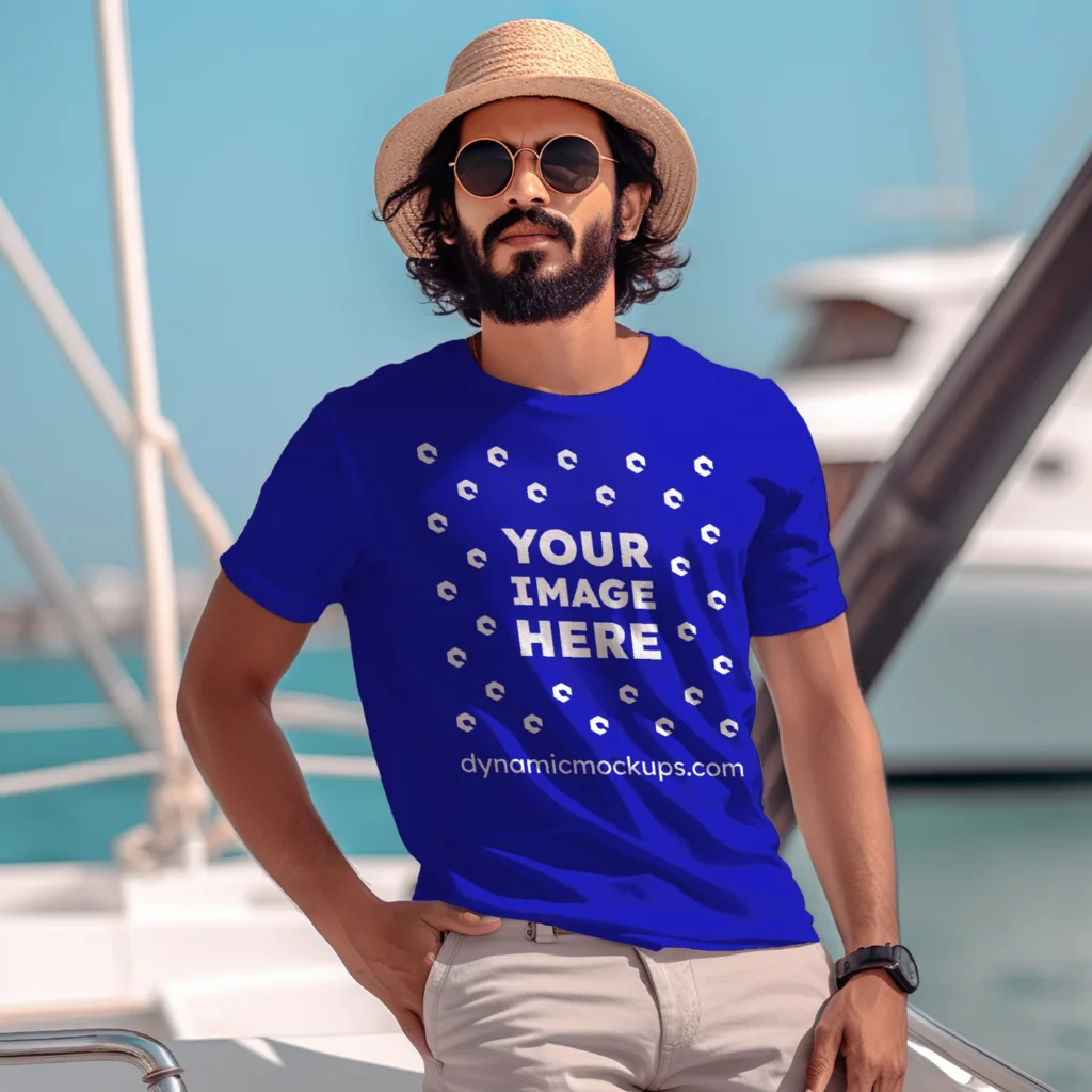 Man Wearing Blue T-shirt Mockup Front View Template