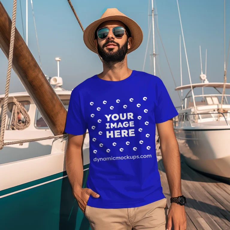 Man Wearing Blue T-shirt Mockup Front View Template