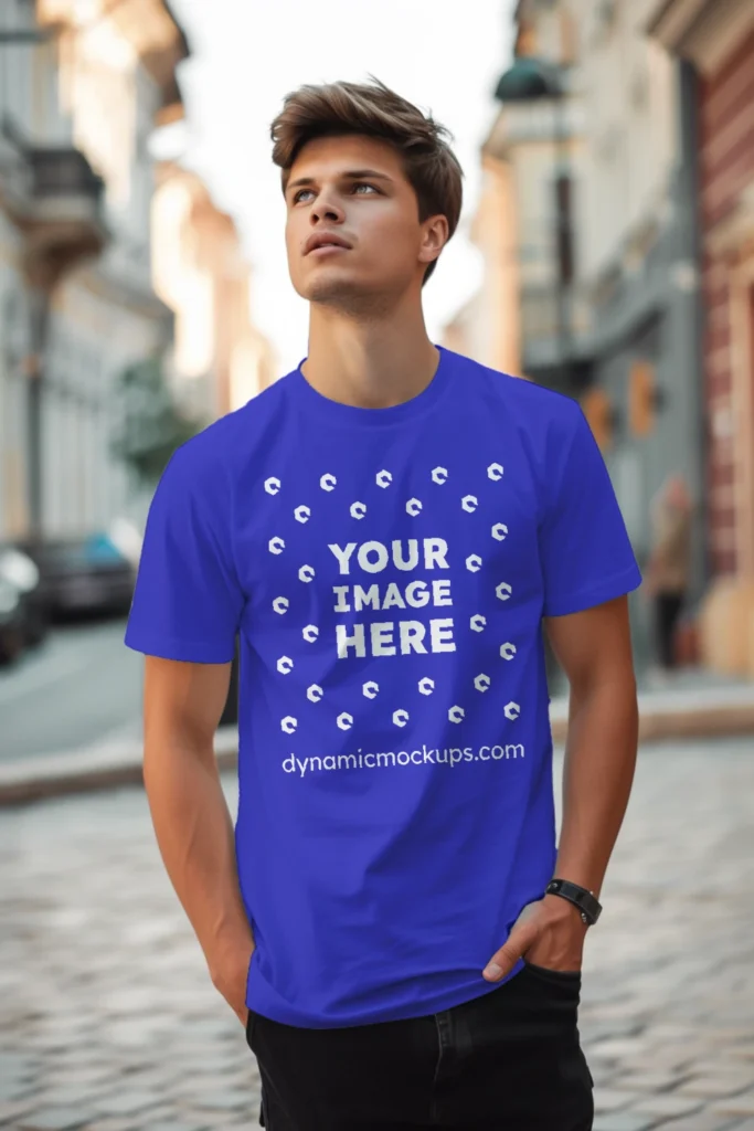 Man Wearing Blue T-shirt Mockup Front View Template