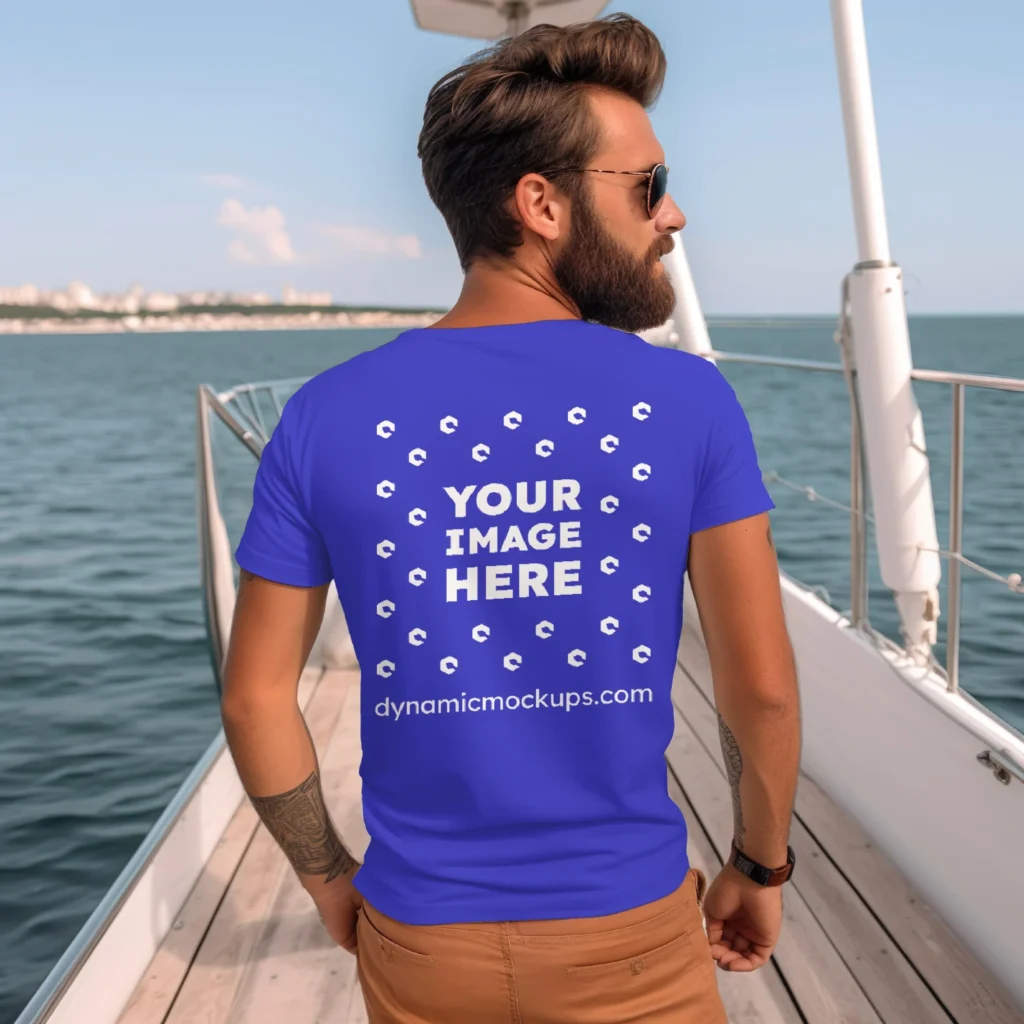 Man Wearing Blue T-shirt Mockup Back View Template