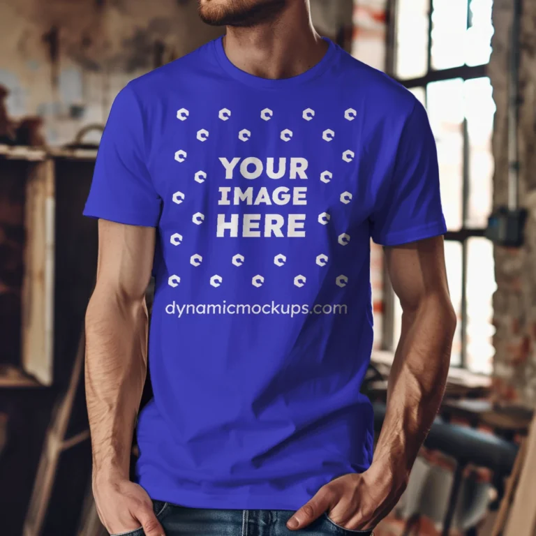 Man Wearing Blue T-shirt Mockup Front View Template