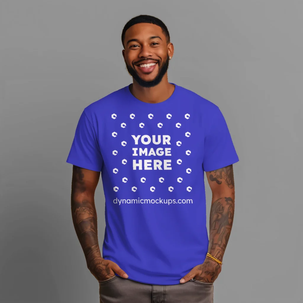 Man Wearing Blue T-shirt Mockup Front View Template