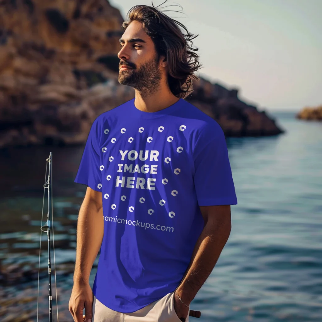 Man Wearing Blue T-shirt Mockup Front View Template