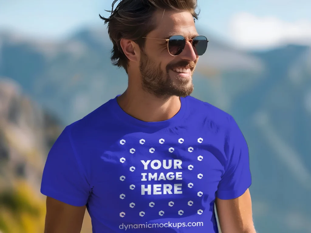 Man Wearing Blue T-shirt Mockup Front View Template