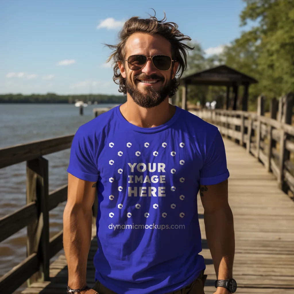 Man Wearing Blue T-shirt Mockup Front View Template