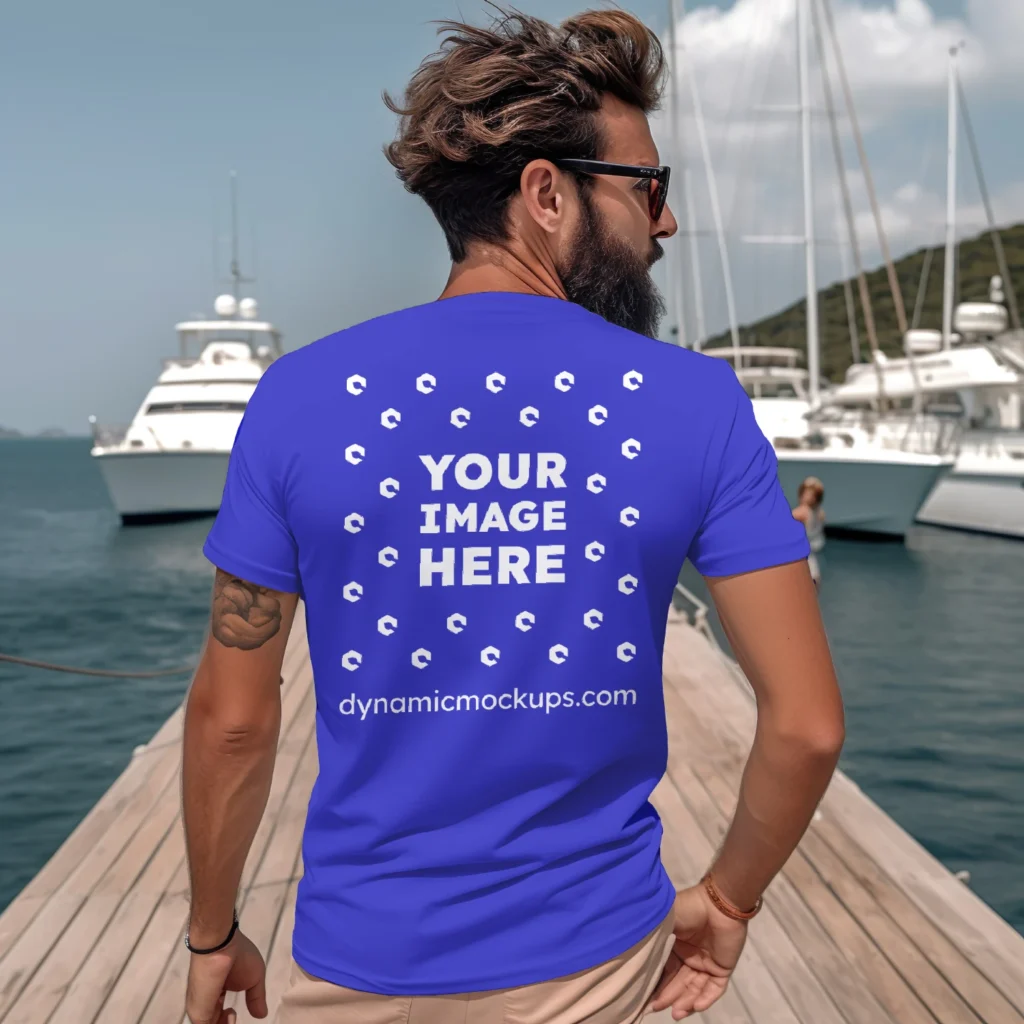 Man Wearing Blue T-shirt Mockup Back View Template