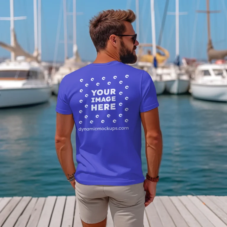 Man Wearing Blue T-shirt Mockup Back View Template