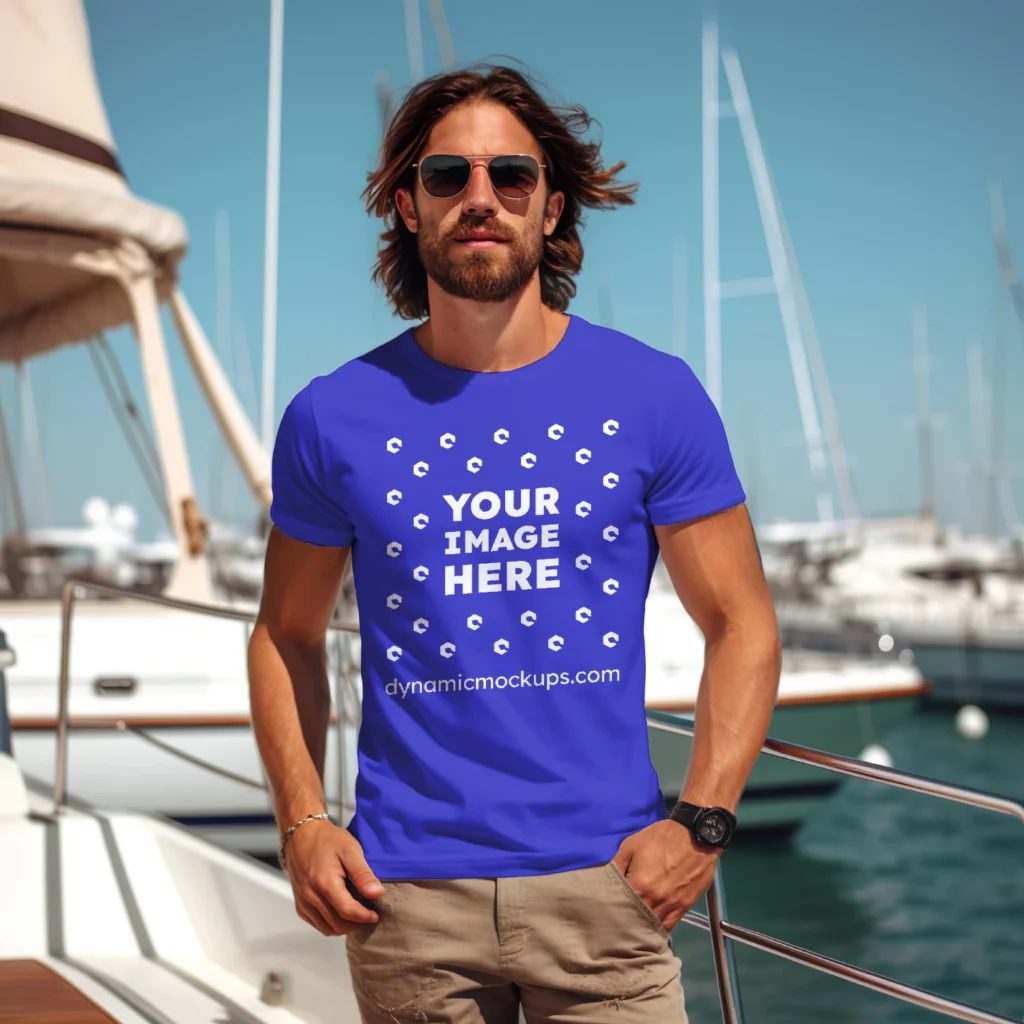 Man Wearing Blue T-shirt Mockup Front View Template