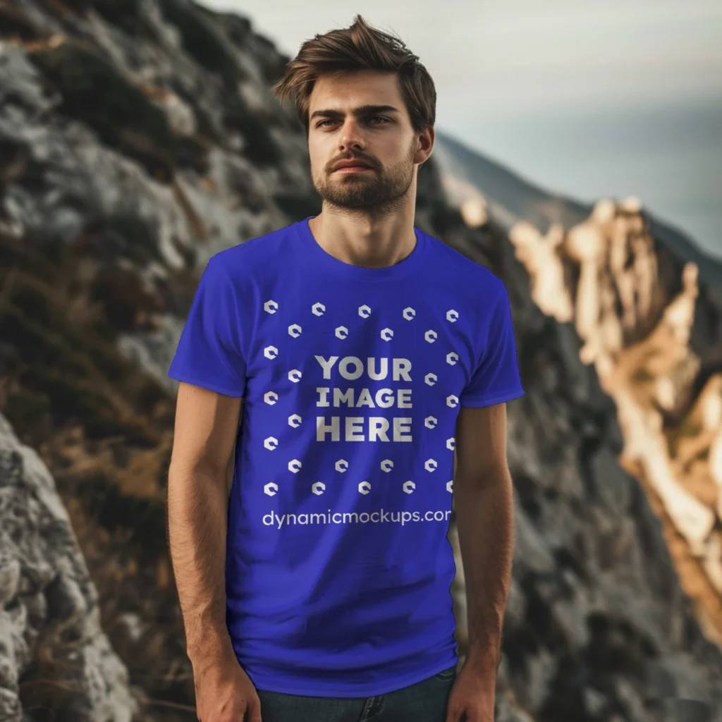 Man Wearing Blue T-shirt Mockup Front View Template