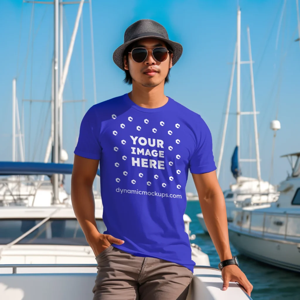 Man Wearing Blue T-shirt Mockup Front View Template