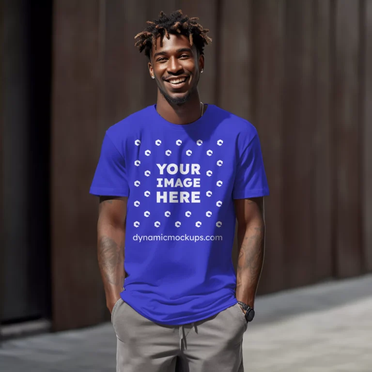 Man Wearing Blue T-shirt Mockup Front View Template