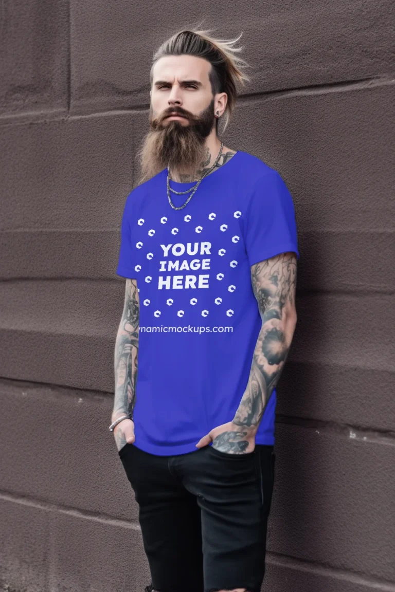 Man Wearing Blue T-shirt Mockup Front View Template