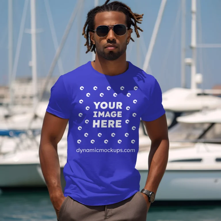 Man Wearing Blue T-shirt Mockup Front View Template