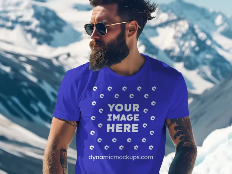 Man Wearing Blue T-shirt Mockup Front View Template