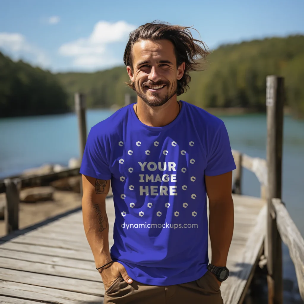 Man Wearing Blue T-shirt Mockup Front View Template